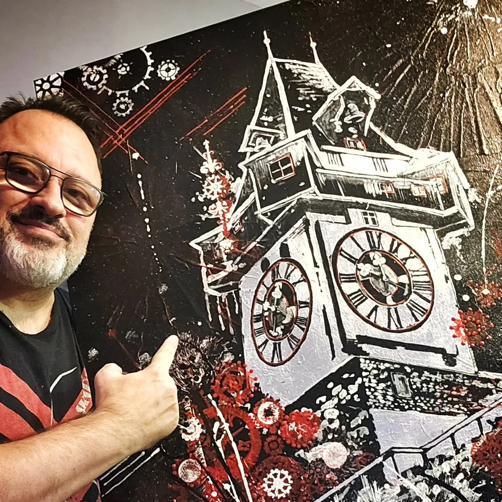 Bernard Del Bianchi mit dem Gemälde Spirit of Time – Grazer Uhrturm
